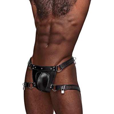 Scorpio – Imitatieleren Chastity Thong – One Size – Zwart