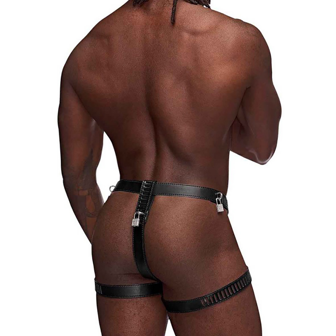 Scorpio – Imitatieleren Chastity Thong – One Size – Zwart