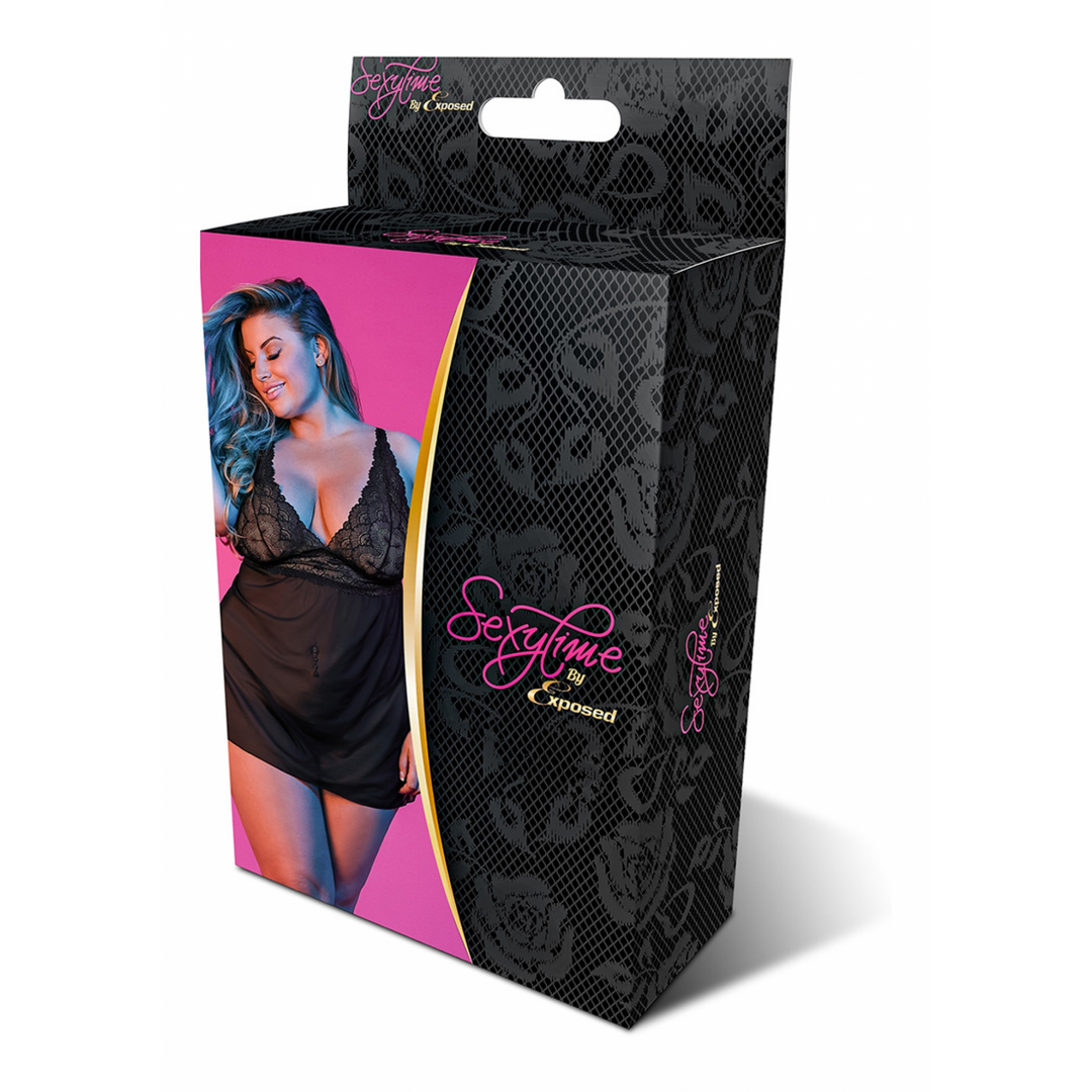 Babydoll met Open Rug en G-String Set – 2X – Zwart