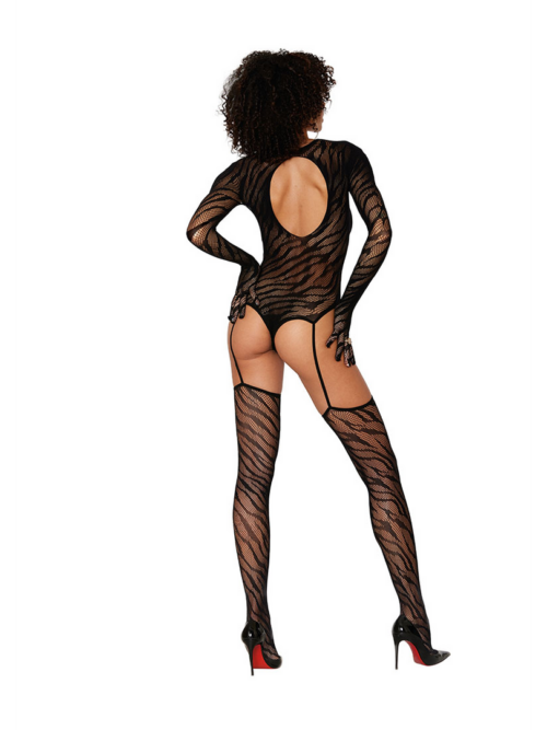 Teddy Bodystocking met Vingerhandschoenen Diamant – Één Maat – Zwart