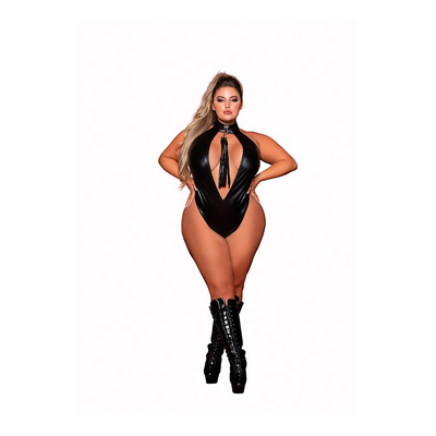 Faux Halter Teddy met Flogger – Plus Size – Zwart