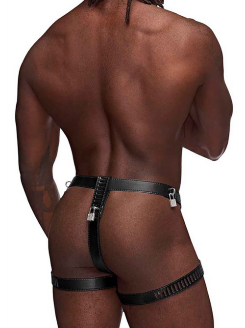 Scorpio – Imitatieleren Chastity Thong – One Size – Zwart