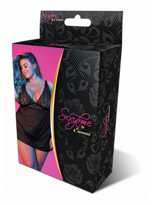 Babydoll met Open Rug en G-String Set – 2X – Zwart