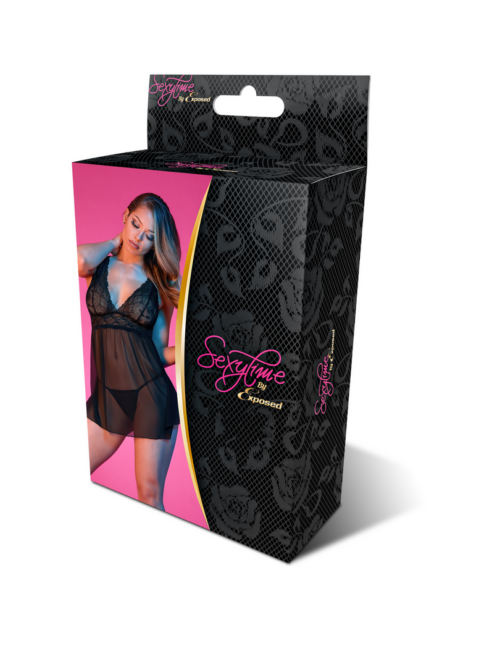 Babydoll met Open Rug en G-String Set – L/XL – Zwart