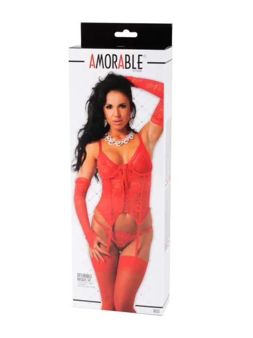 Amorable by Rimba – Corset met G-string, Handschoenen en Kousen – Rood