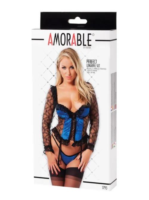 Amorable by Rimba – Korset met Beugels, G-string en Kousen – Zwart / Blauw