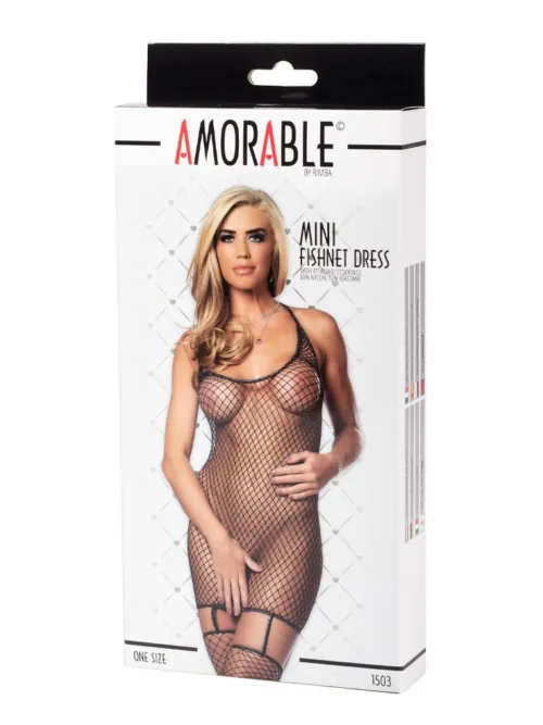 Amorable by Rimba – Visnet Jurk met Kousen – One Size – Zwart / Zilver