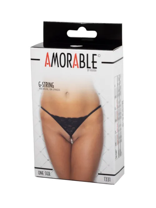Amorable by Rimba – G-string met parels – One Size – Zwart
