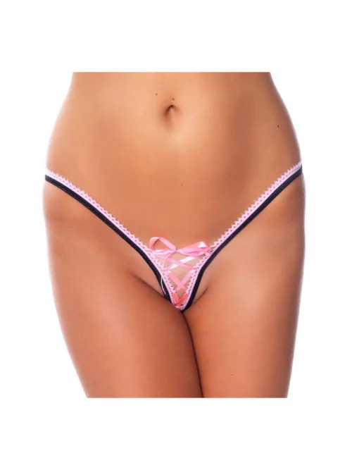 Amorable by Rimba – G-string met veter – One Size – Zwart / Roze