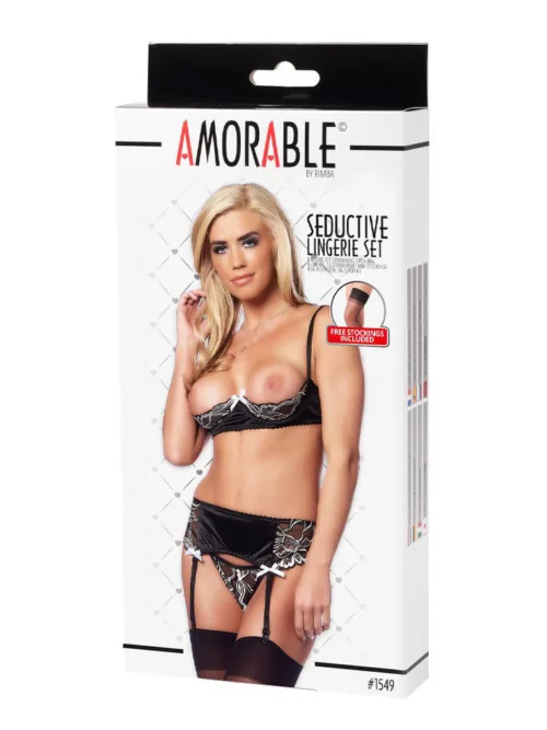 Amorable by Rimba – Open BH met String, Jarretelgordel en Kousen – Zwart / Wit