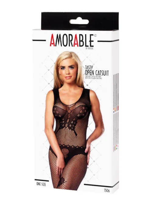 Amorable by Rimba – Open Catsuit met vlinderpatroon – One Size – Zwart