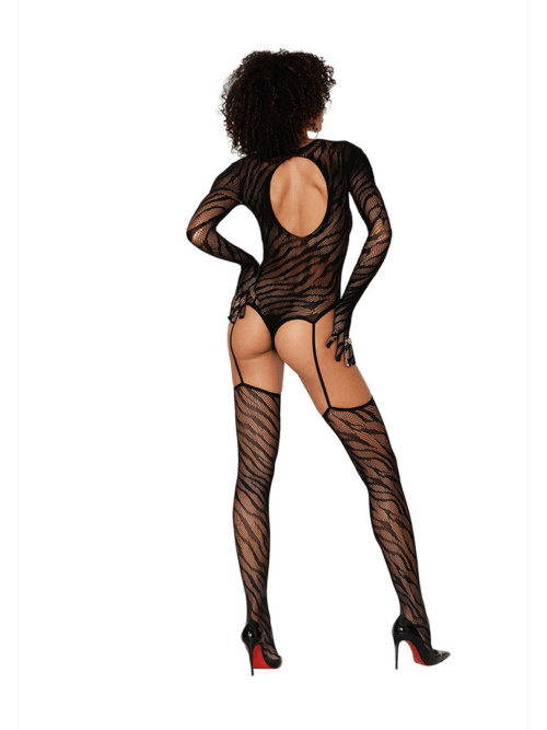 Teddy Bodystocking met Vingerhandschoenen Diamant – Één Maat – Zwart