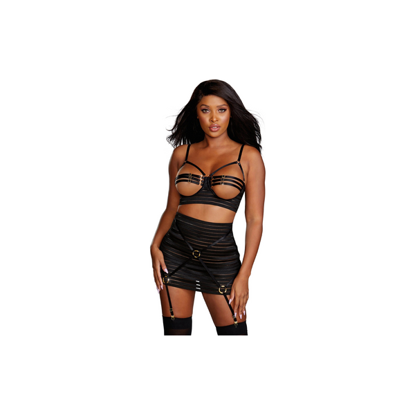 Strappy Open Cup Bra en Garter Skirt Set - S - Zwart