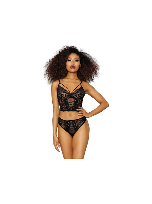 Stretch Mesh en Stretch Galloon Lace Bustier - M - Zwart