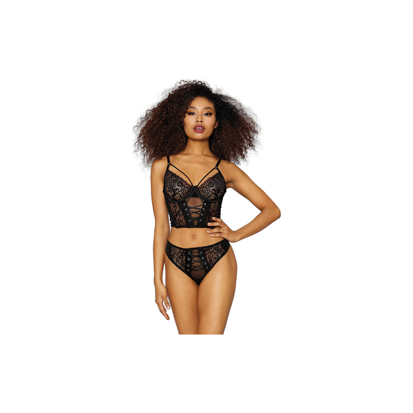 Stretch Mesh en Stretch Galloon Lace Bustier - M - Zwart