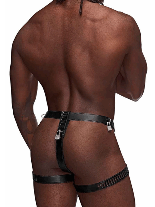 Scorpio – Imitatieleren Chastity Thong – One Size – Zwart