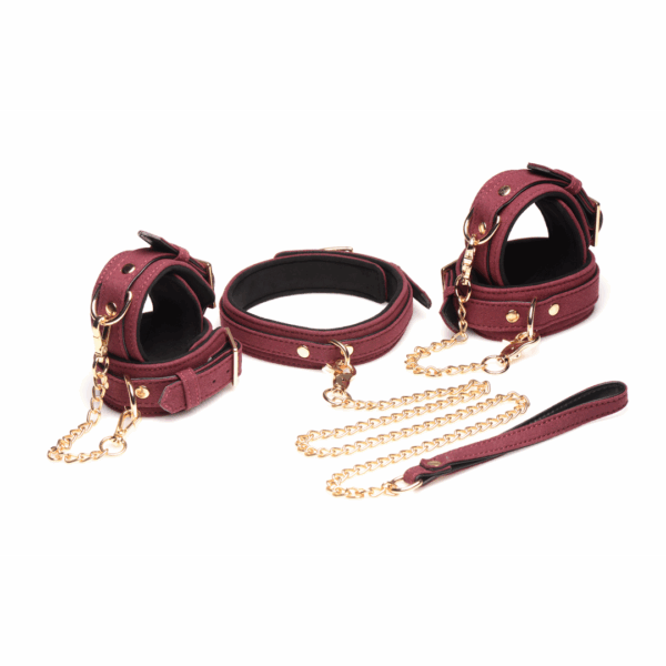 6-delige Velvet Burgundy Bondage Set met Cuffs, Collar en Belt - Afbeelding 4