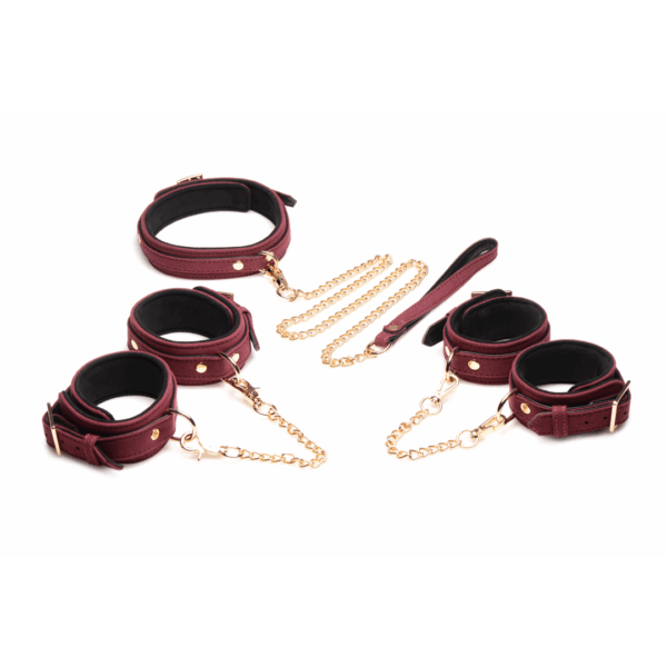 6-delige Velvet Burgundy Bondage Set met Cuffs, Collar en Belt - Afbeelding 6