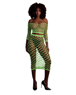 Langsleeve Crop Top en Lange Rok – One Size – Neon Groen