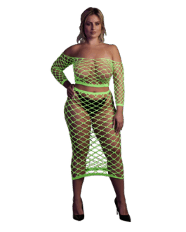 Langermige Crop Top en Lange Rok – Plus Size – Neon Groen