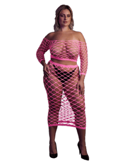 Langemouwen Crop Top en Lange Rok – Plus Size – Neon Roze